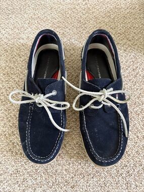 Tommy Hilfiger Navy Suede Lace-Up Boat Shoes with White Laces